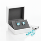 Sterling silver aqua stud earrings by Melchior Jewellery in a grey and white presentation box