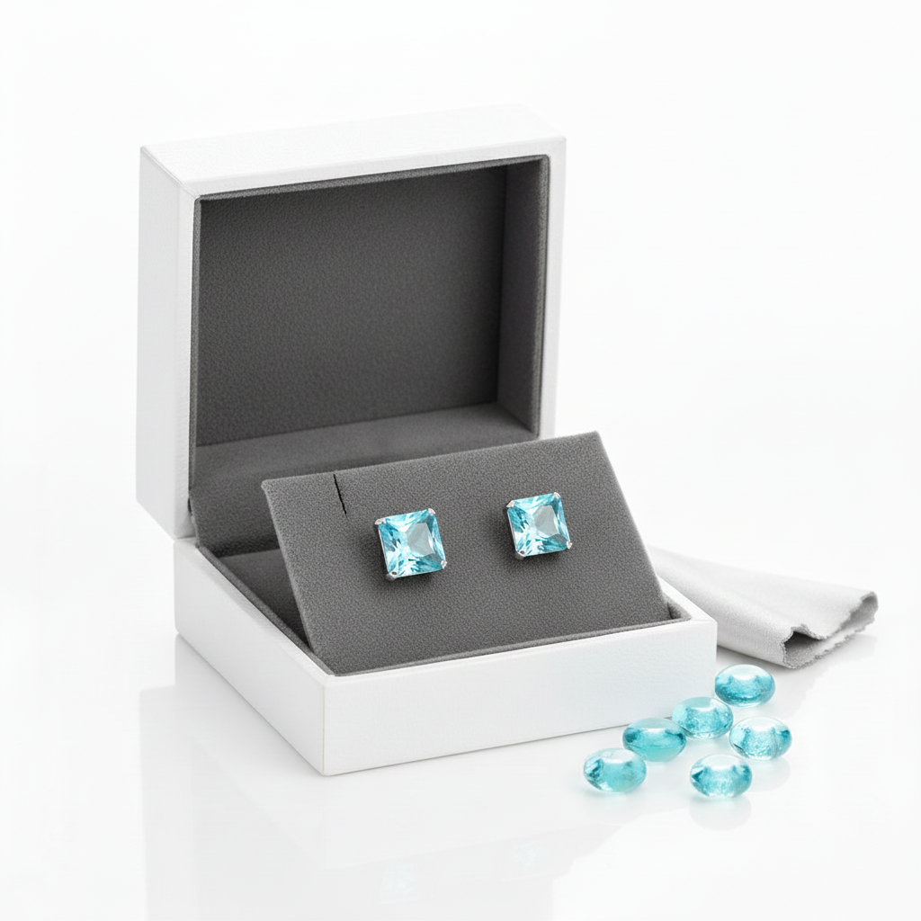 Sterling silver aqua stud earrings by Melchior Jewellery in a grey and white presentation box