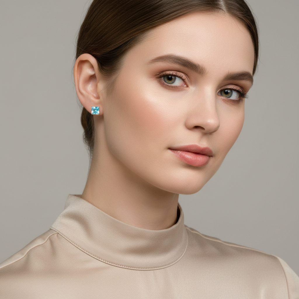 Melchior Jewellery sterling silver aqua stud earrings worn by woman with light beige top