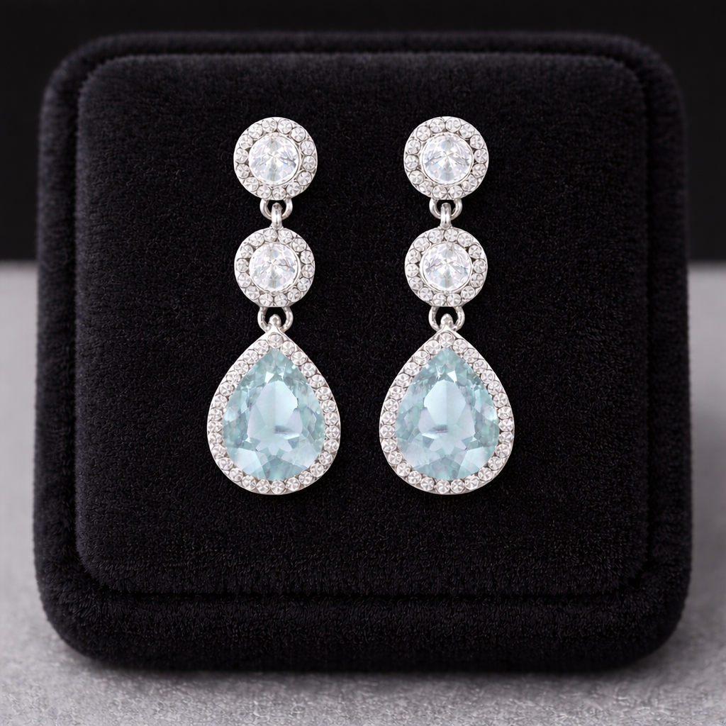 Sterling Silver Aquamarine Halo Drop Earrings by Melchior Jewellery displayed on black velvet