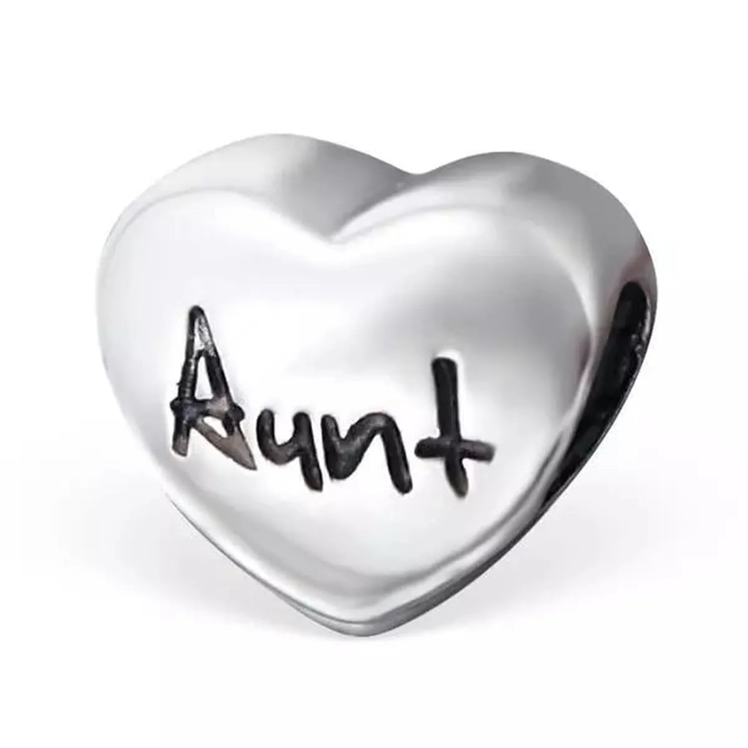 Sterling silver aunt heart bead charm with engraved aunt text by Melchior Jewellery