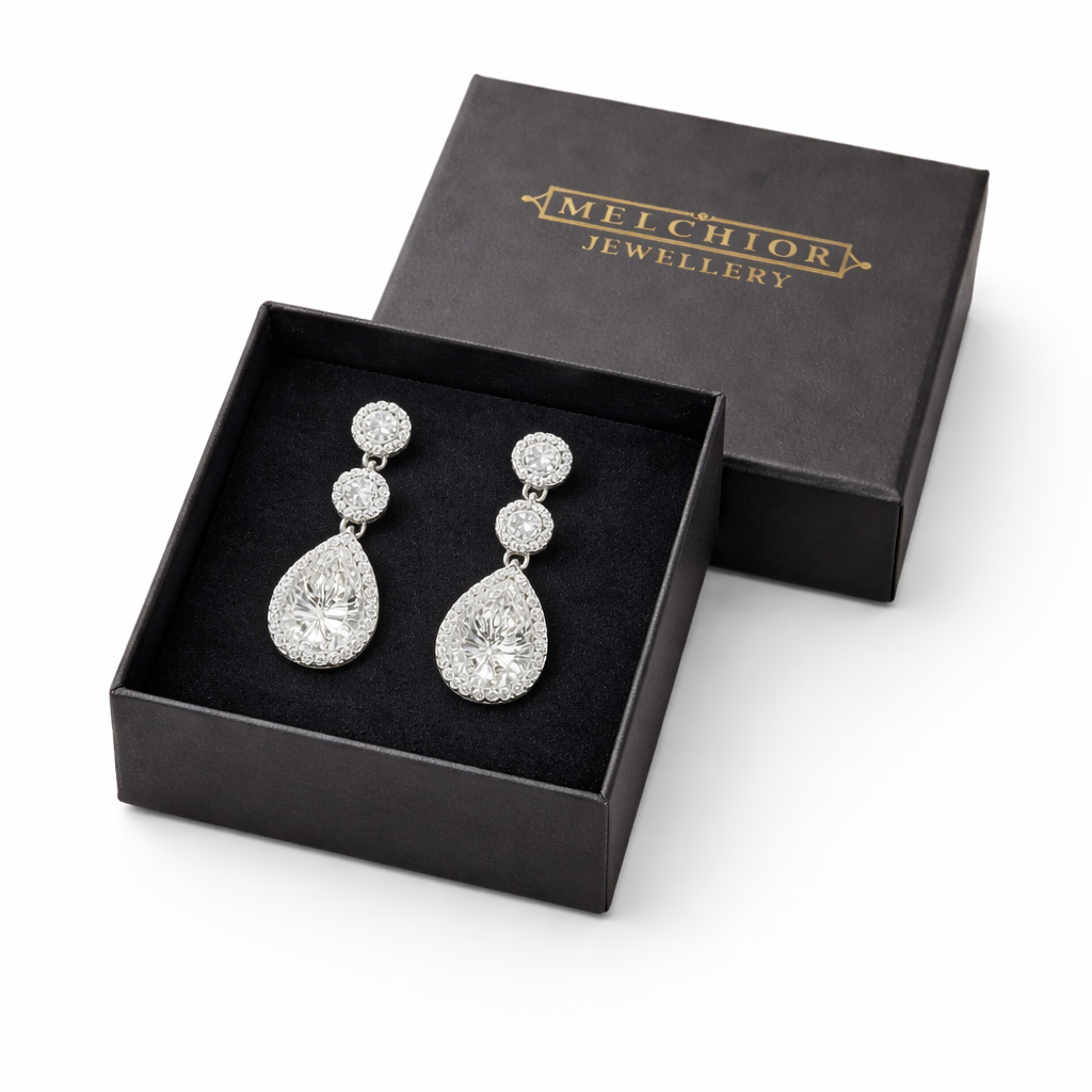 Sterling Silver Aurora Halo Drop Earrings by Melchior Jewellery in black presentation box