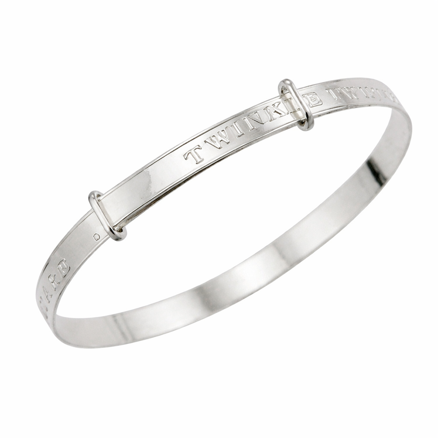 Sterling silver baby star bangle by Melchior Jewellery with engraved twinkle text detail for kids
