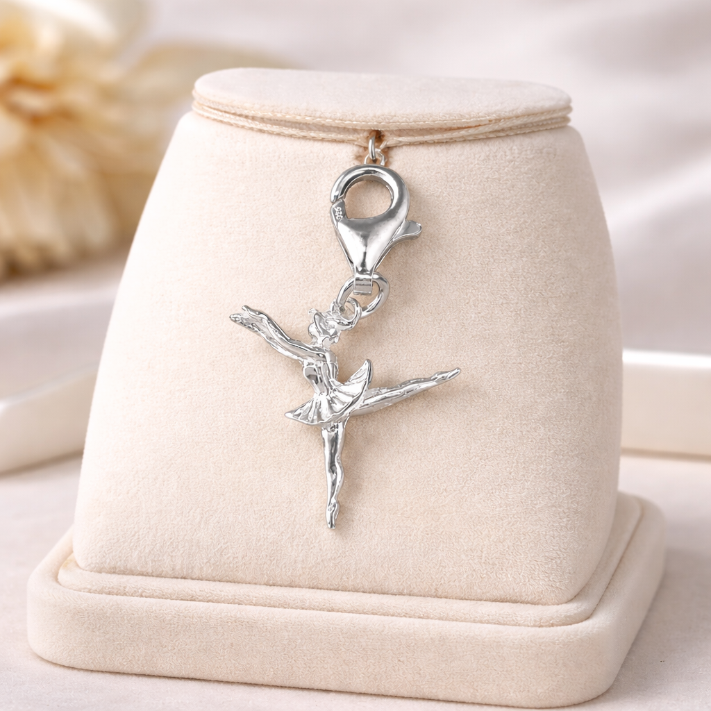 Sterling Silver Ballerina Charm by Melchior Jewellery featuring detailed dancer in tutu with outstretched arms and legs
