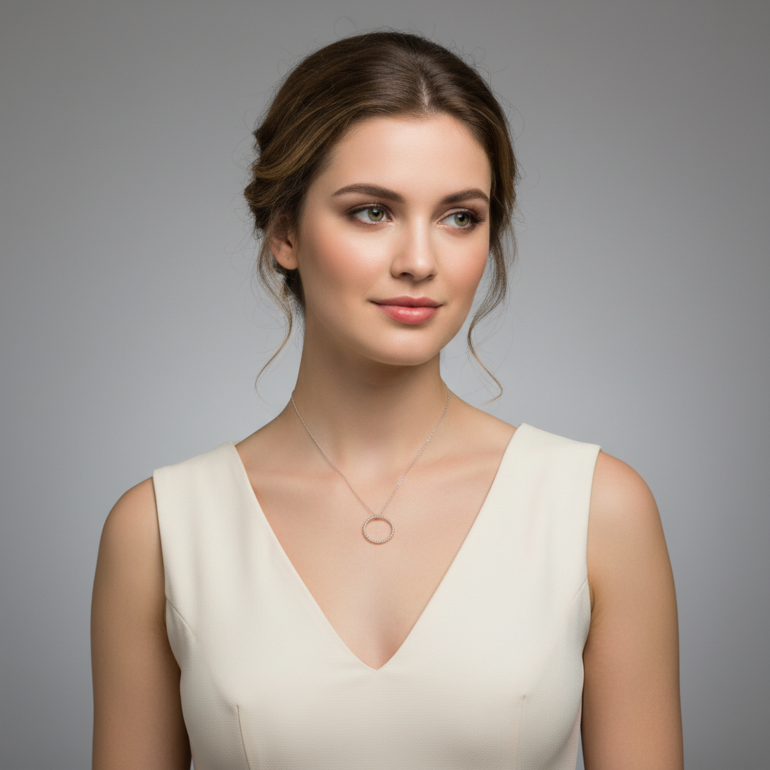 Sterling Silver Beaded Halo Necklace worn by woman in cream dress from Melchior Jewellery