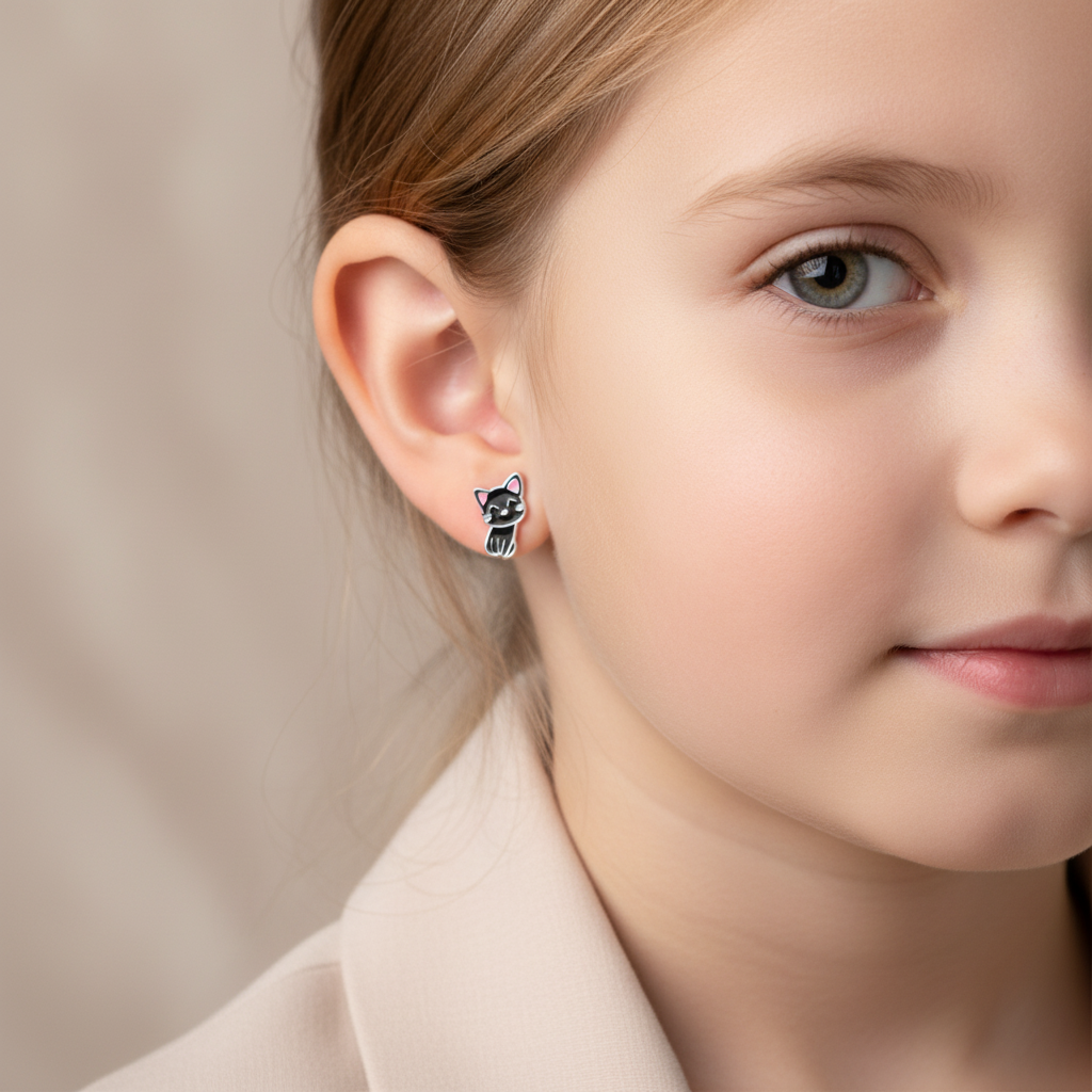 Child wearing Melchior Jewellery sterling silver black cat earrings featuring a cute cat design