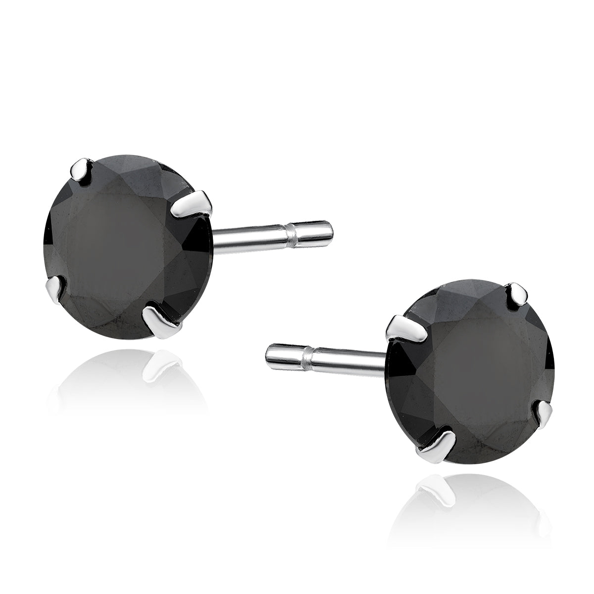 Sentiell sterling silver black stud earrings with round faceted black stones in four-prong setting
