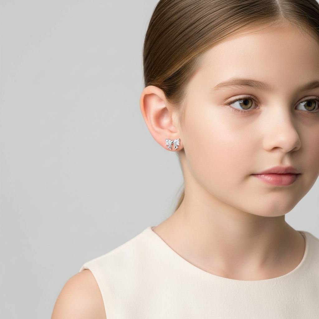 Young woman wearing sterling silver bow stud earrings by Melchior Jewellery closeup