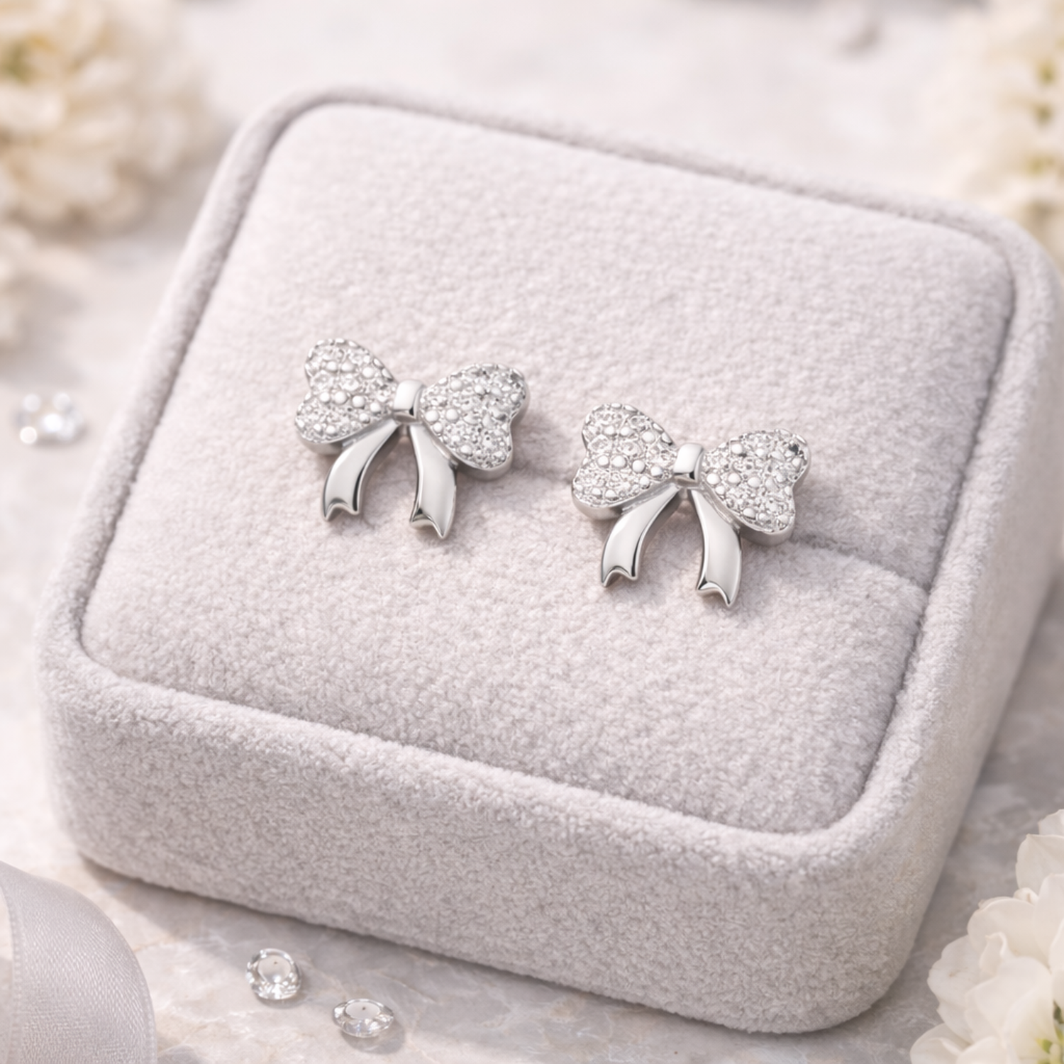 Sterling silver bow stud earrings by Melchior Jewellery displayed on a soft grey velvet box