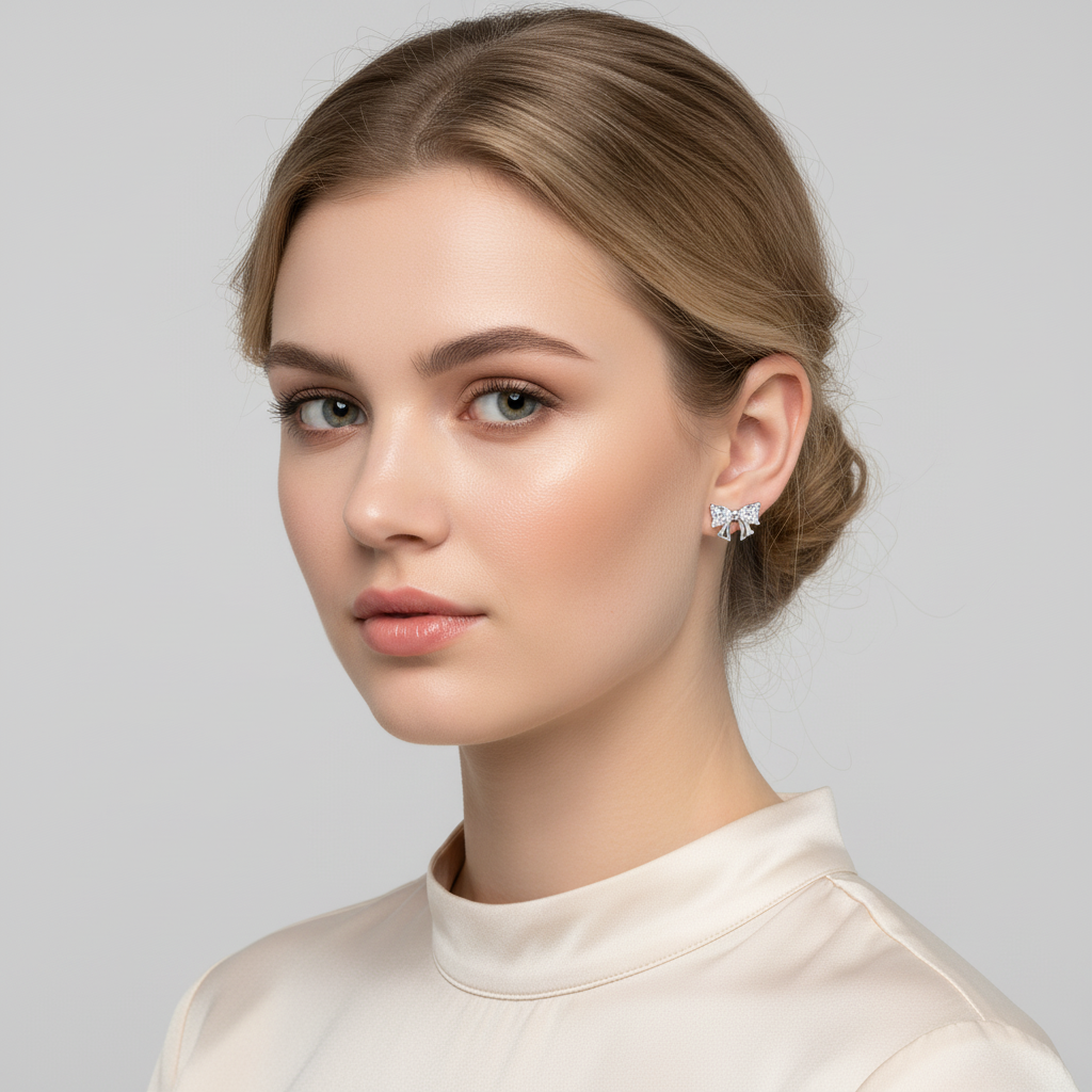 Melchior Jewellery sterling silver bow stud earrings worn by woman with light makeup and elegant hairstyle