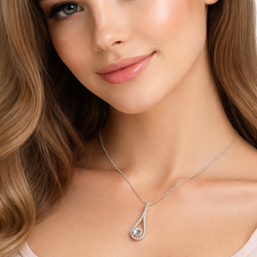 Sterling Silver Bridal Unity Teardrop Necklace worn by woman with soft waves and natural makeup