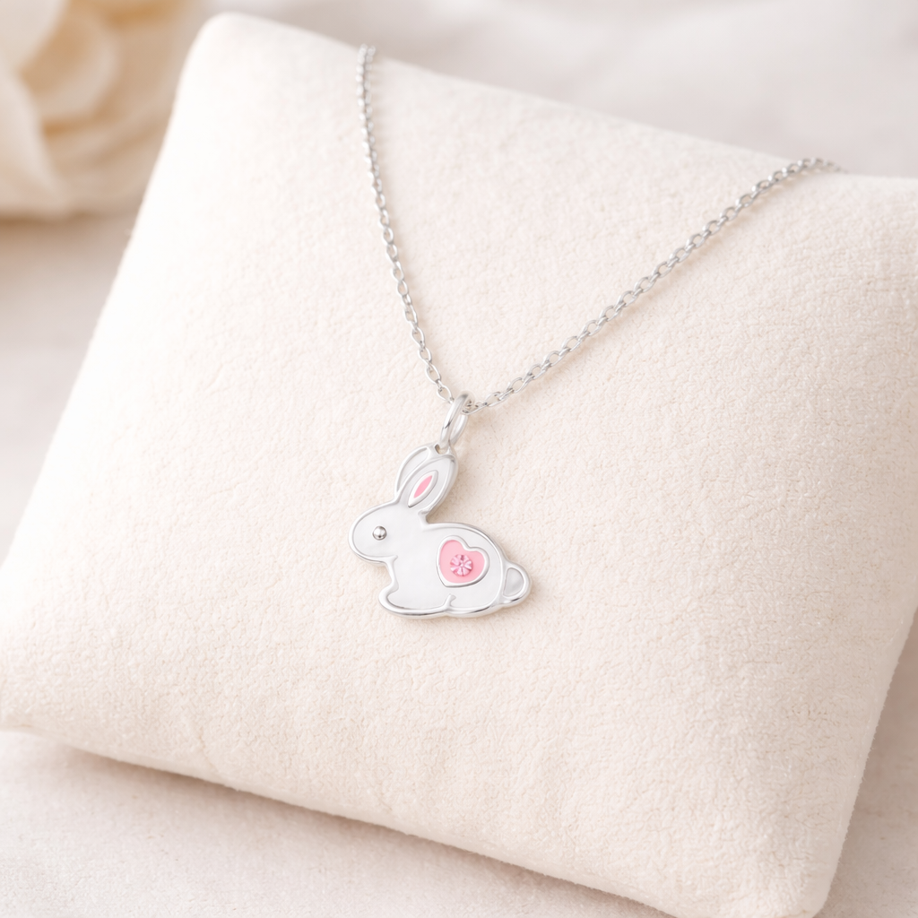 Melchior Jewellery Sterling Silver Bunny Necklace Girls with pink enamel heart detail on a silver chain