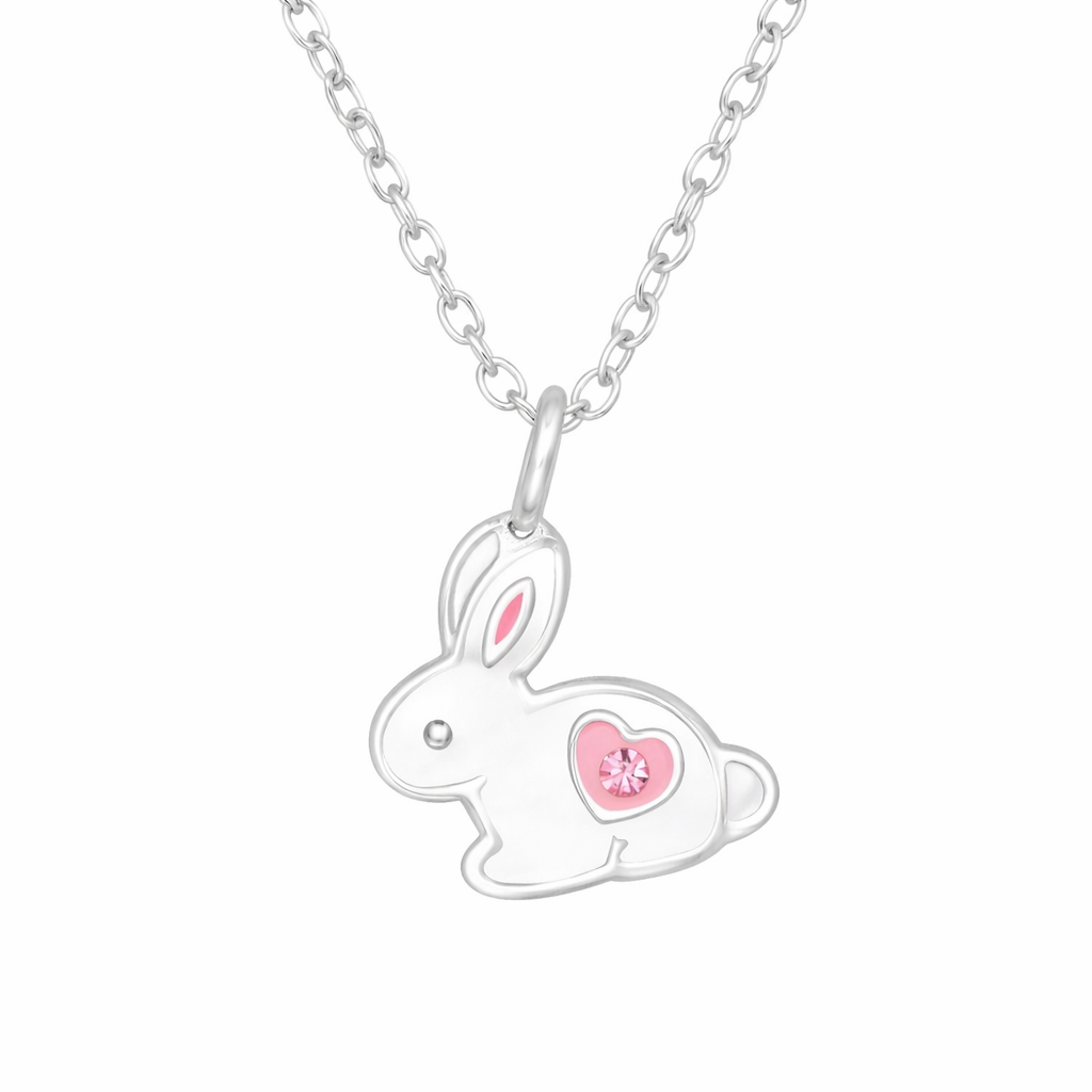 Sterling Silver Bunny Necklace Girls with pink enamel and crystal heart detail on a silver chain by Melchior Jewellery