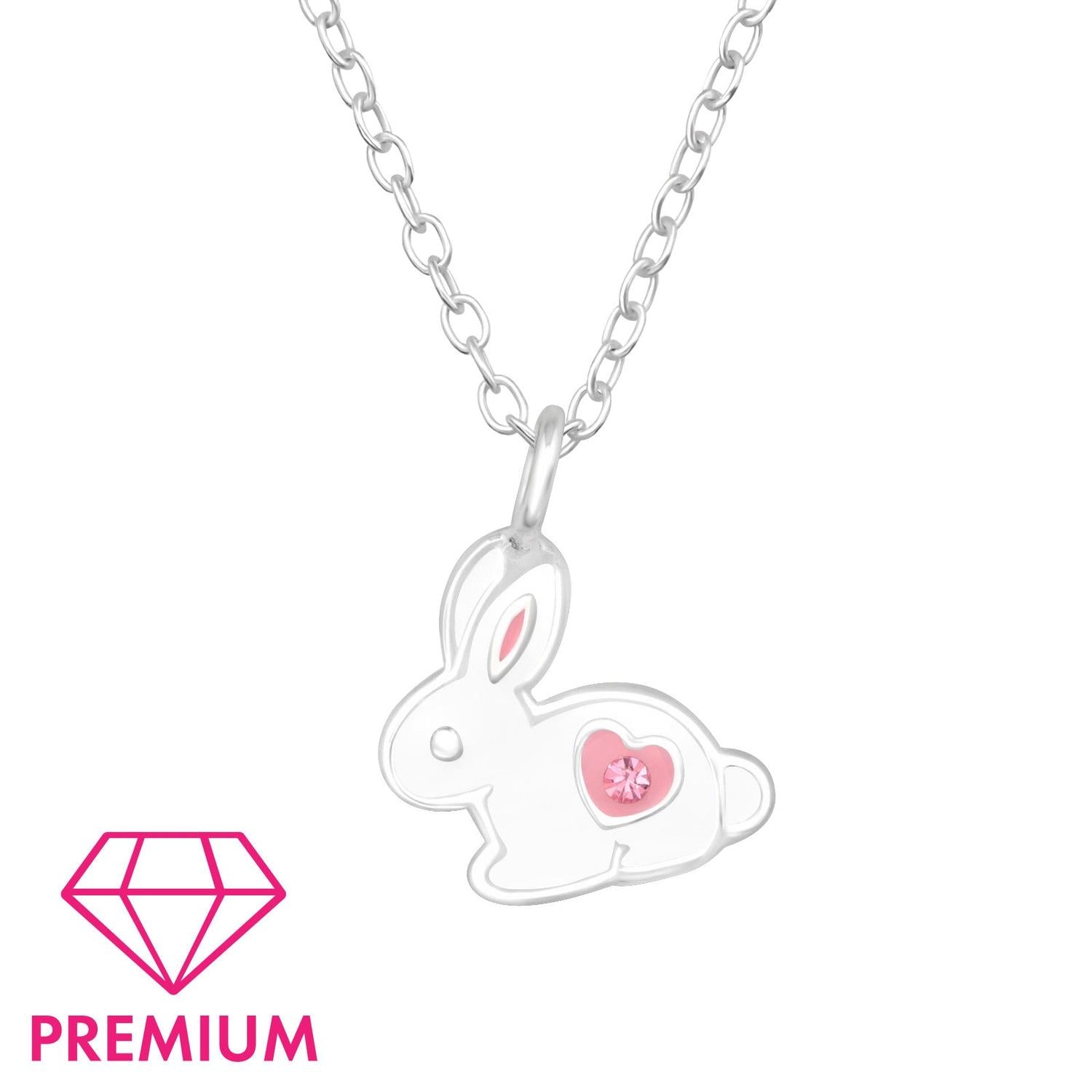 Sterling Silver Bunny Necklace Girls featuring a white bunny pendant with pink heart and crystal detail on a silver chain