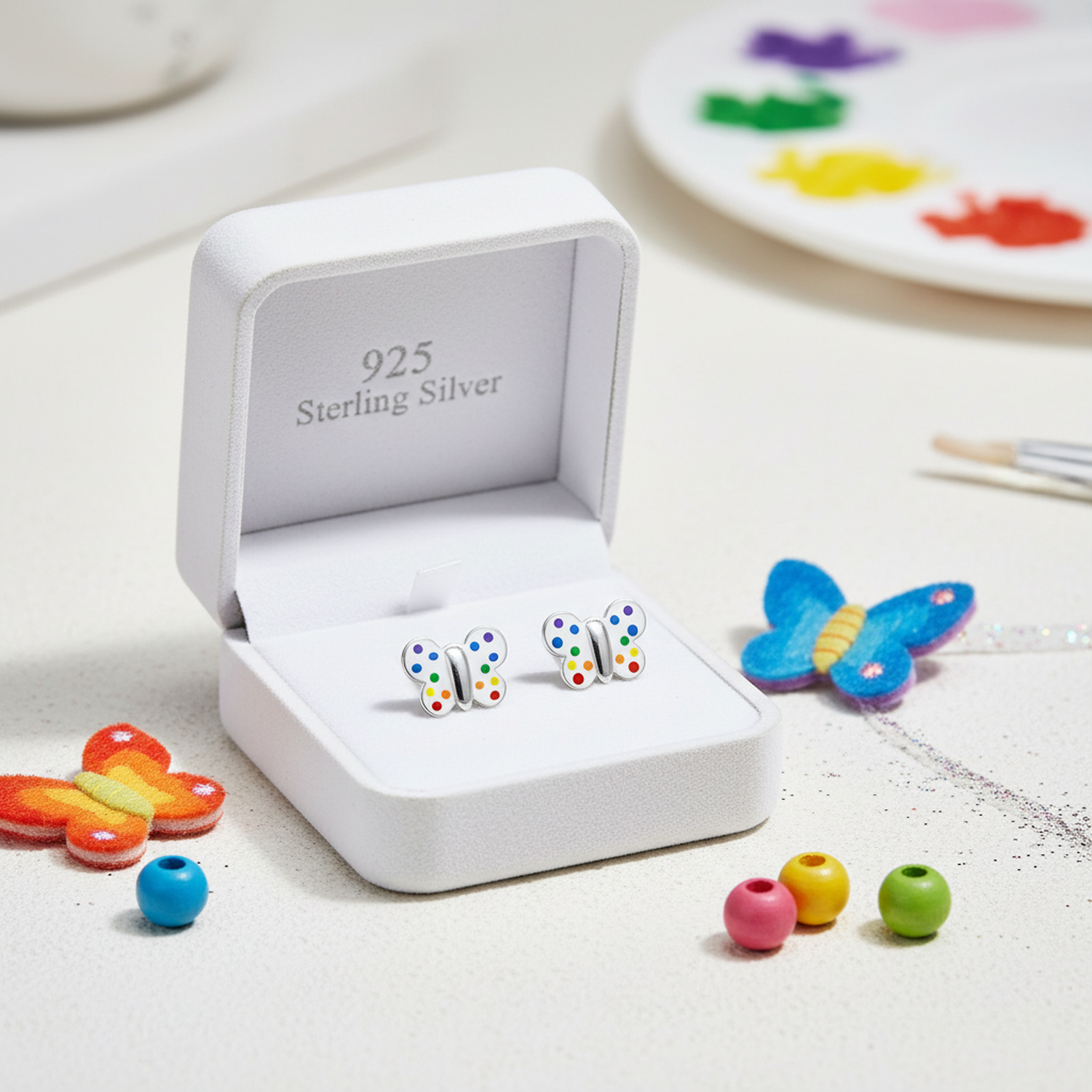 Sterling Silver Butterfly Earrings with colourful polka dots in white display box by Melchior Jewellery