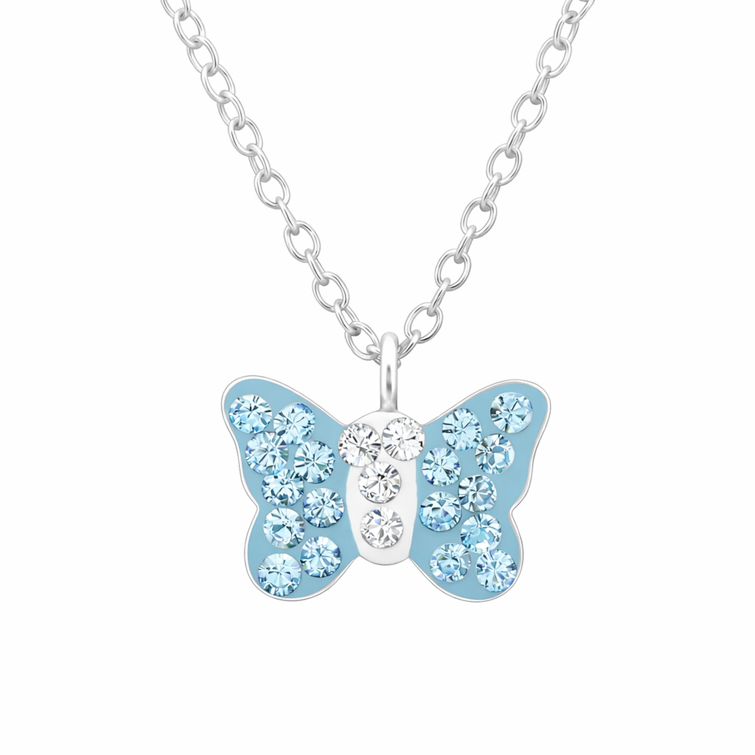 Sterling Silver Butterfly Necklace by Melchior Jewellery with blue and white crystal details on butterfly pendant