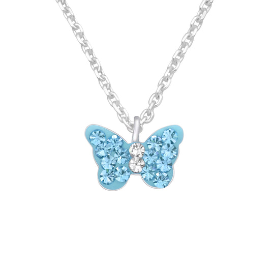 Sterling silver butterfly necklace for girls with blue crystal stones on a delicate chain