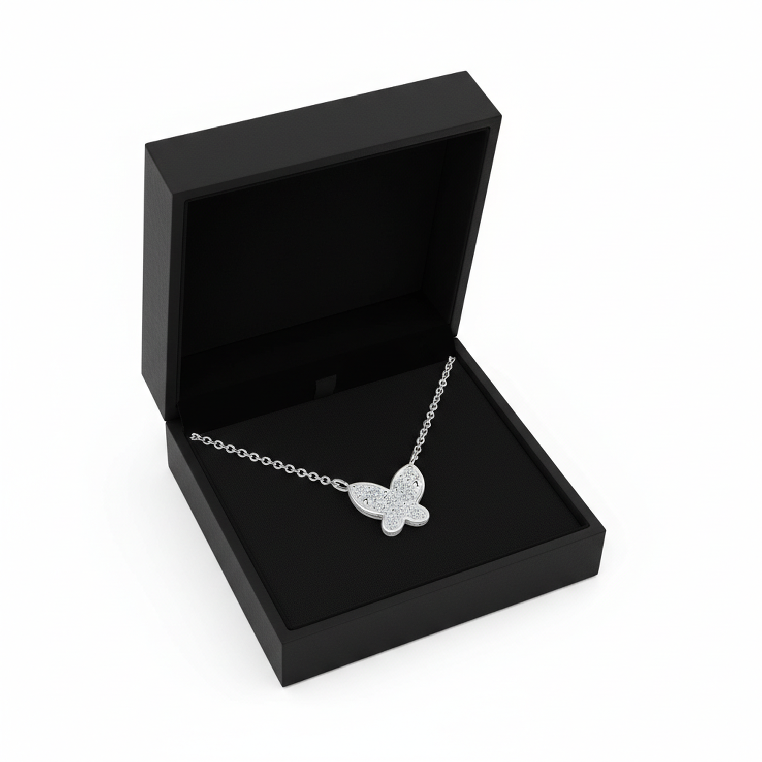 Melchior Jewellery sterling silver butterfly necklace displayed in a black jewellery gift box