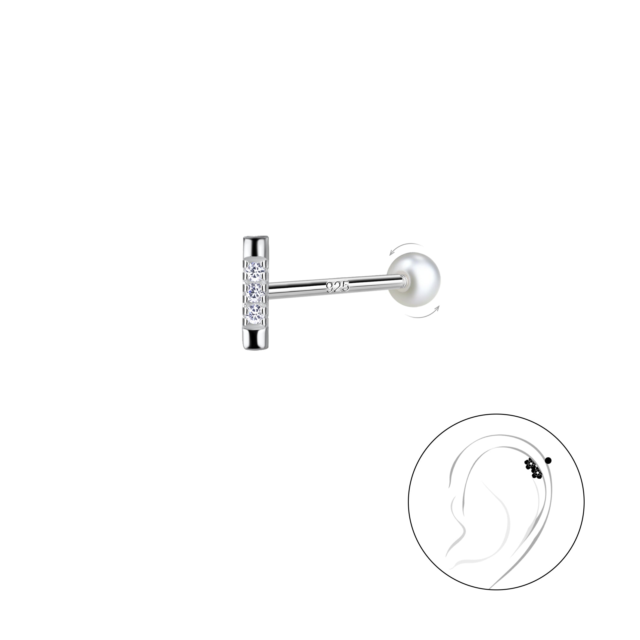 Melchior Jewellery sterling silver cartilage stud with clear crystals and secure backing for ear cartilage