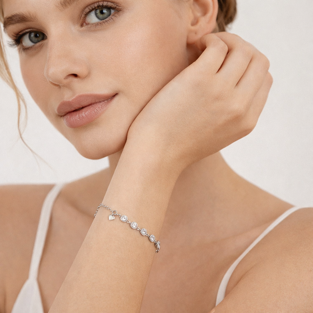 Woman wearing Melchior Jewellery Sterling Silver Celeste Sparkle Bracelet with sparkling stones