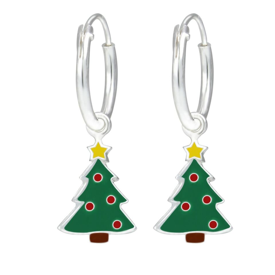 Melchior Jewellery childrens sterling silver Christmas tree earrings with green enamel and red baubles