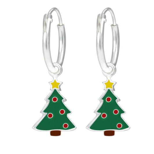 Melchior Jewellery childrens sterling silver Christmas tree earrings with green enamel and red baubles
