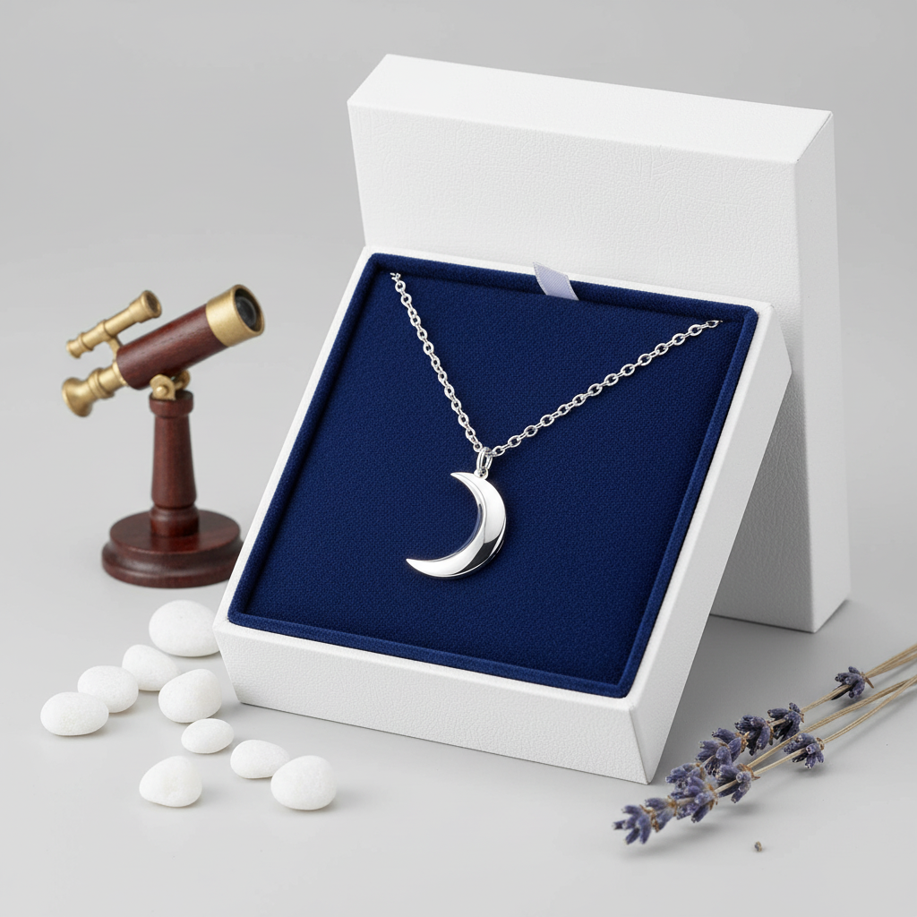 Sterling silver crescent moon necklace by Melchior Jewellery displayed in a white gift box with navy interior