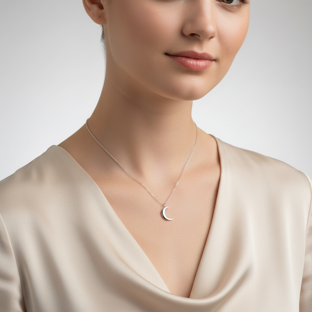 Melchior Jewellery sterling silver crescent moon necklace worn by woman with cream silk blouse