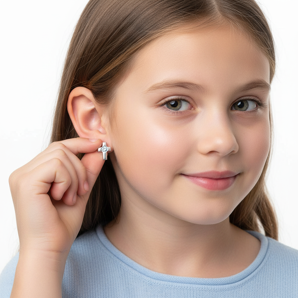 Young girl wearing sterling silver cross stud earrings for kids by Melchior Jewellery