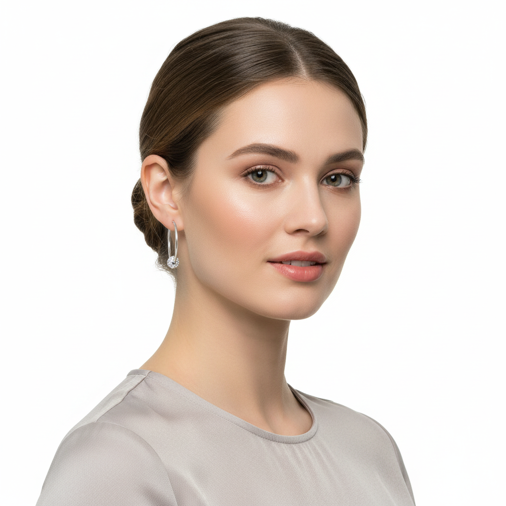 Melchior Jewellery sterling silver crystal hoop earrings worn by woman with sleek hairstyle