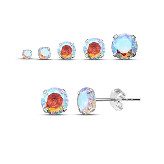 Melchior Jewellery sterling silver crystal stud earrings round aurora borealis studs in multiple sizes with posts