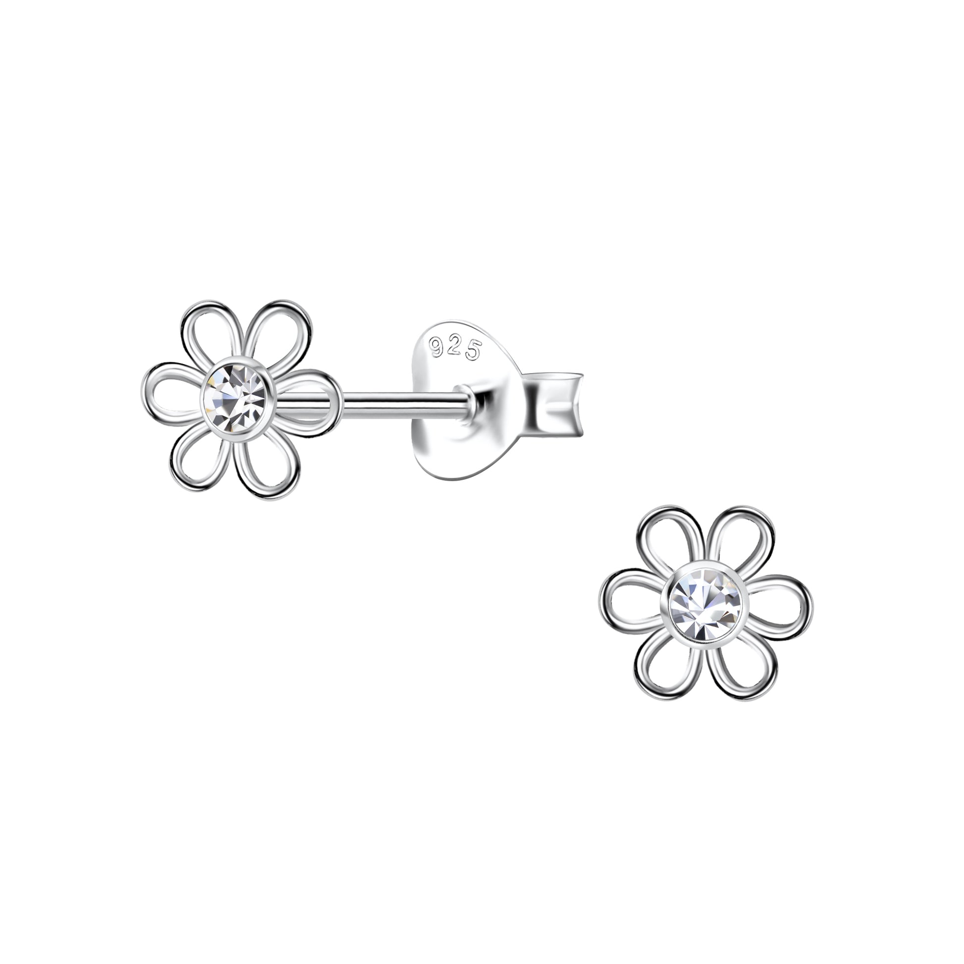 Sterling silver crystal stud earrings for kids shaped like delicate flowers by Melchior Jewellery
