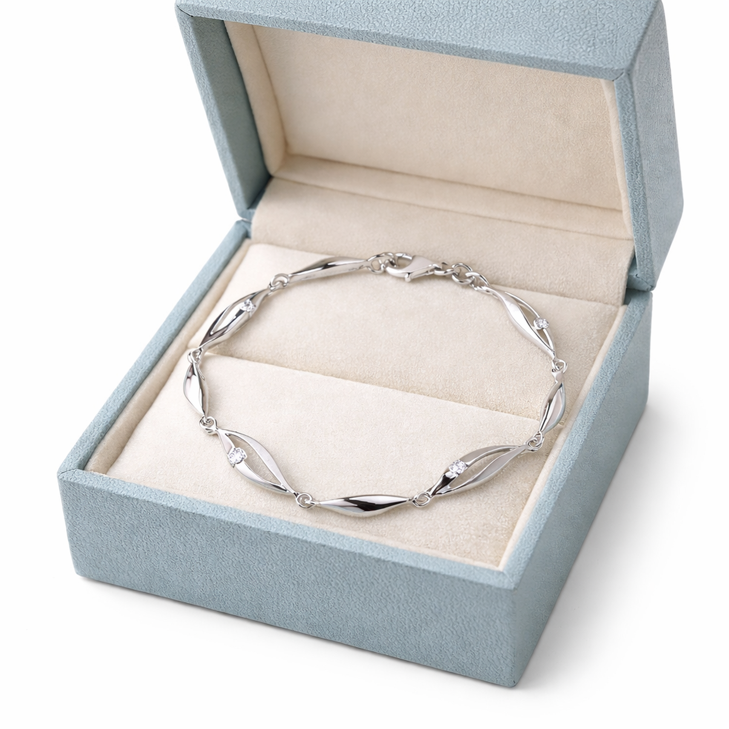 Sentiell sterling silver cubic zirconia bracelet displayed in a light blue jewellery box for women
