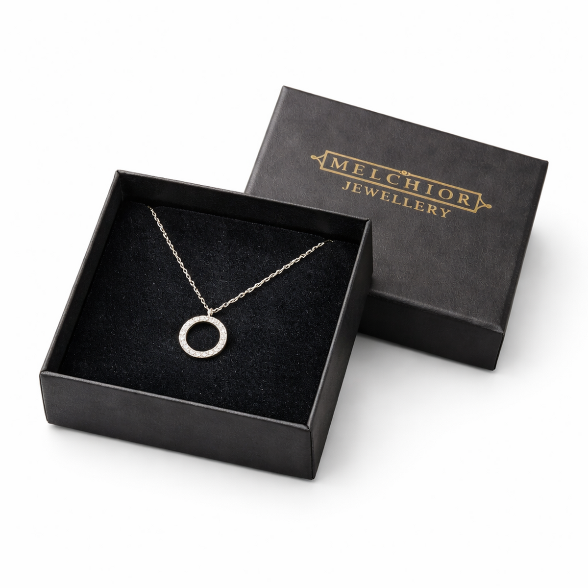 Melchior Jewellery sterling silver cubic zirconia necklace in black gift box with gold logo