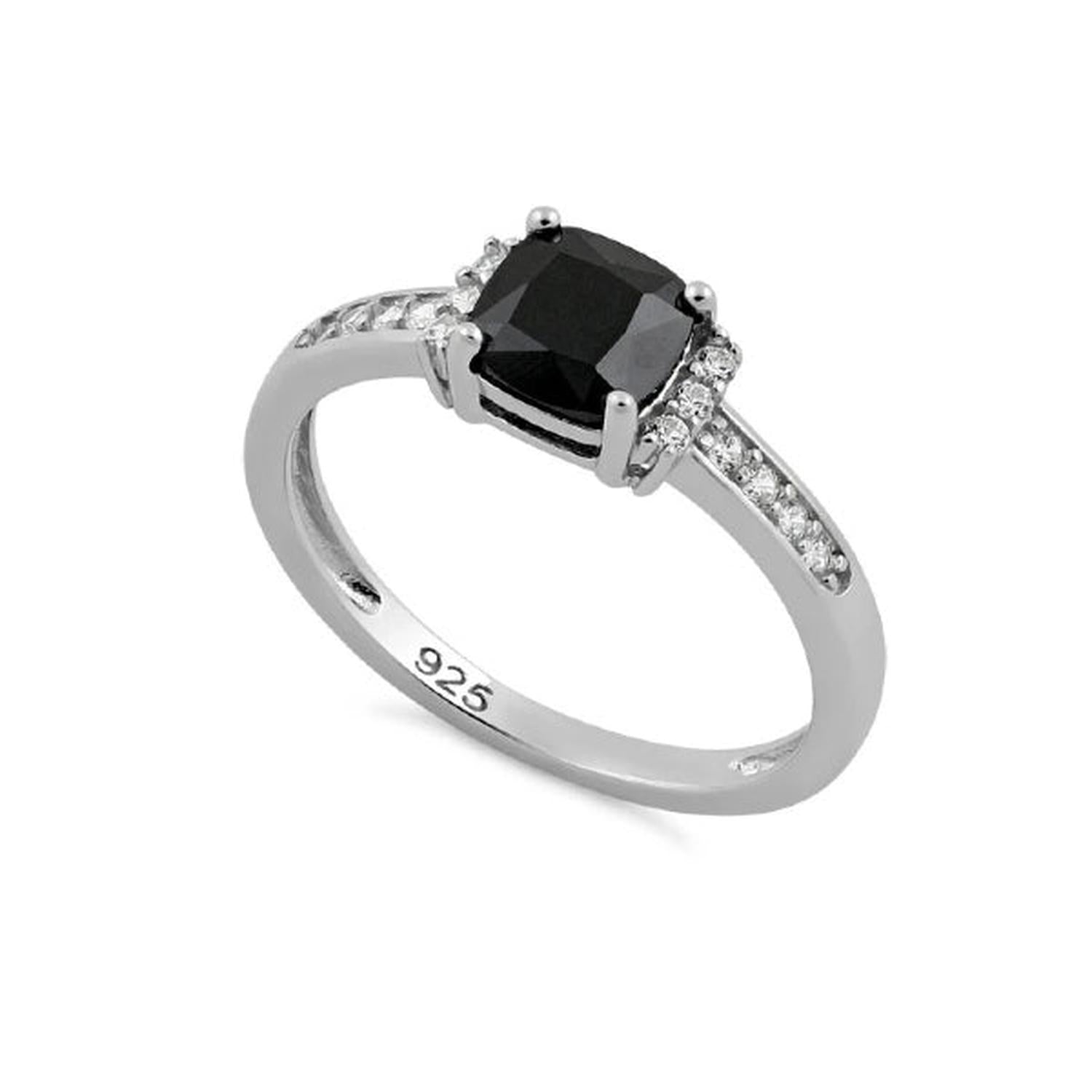 Sterling silver cushion black CZ ring with sparkling side stones for women by Melchior Jewellery