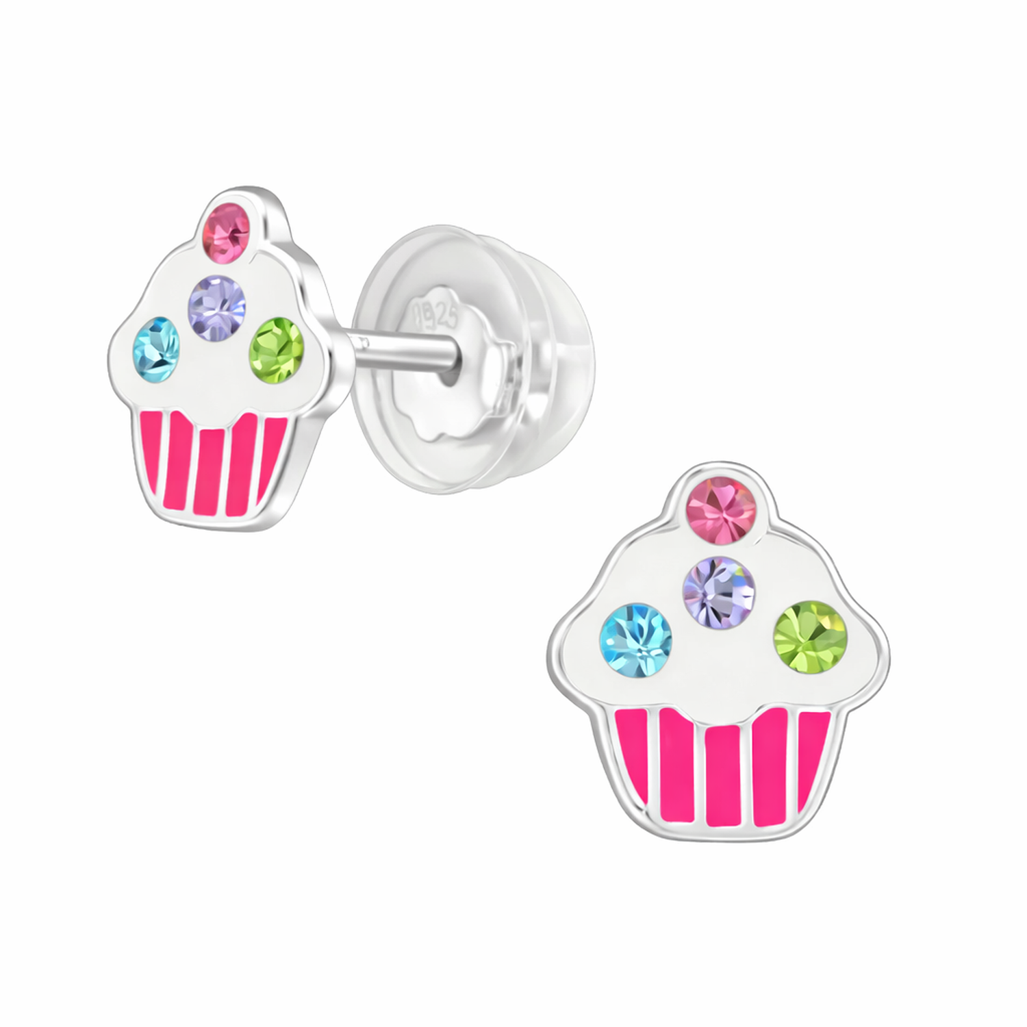Sterling Silver CZ Cupcake Stud Earring with multicoloured crystals and bright pink enamel base by Melchior Jewellery