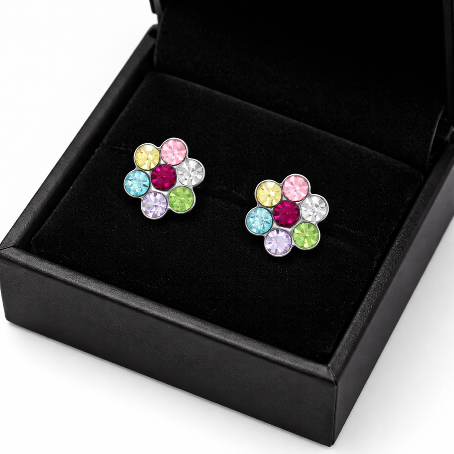 Sterling silver CZ earrings for girls shaped as colorful flower studs in black gift box by Melchior Jewellery