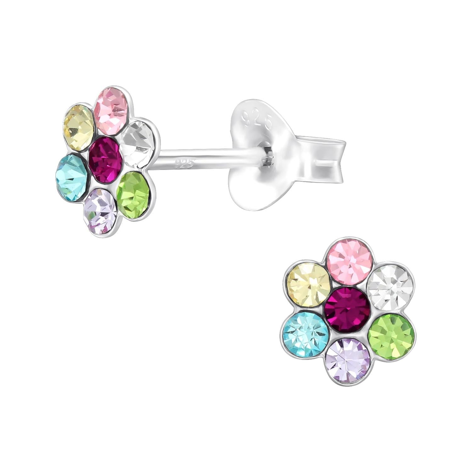 Melchior Jewellery sterling silver CZ earrings for girls featuring colourful flower-shaped cubic zirconia stones