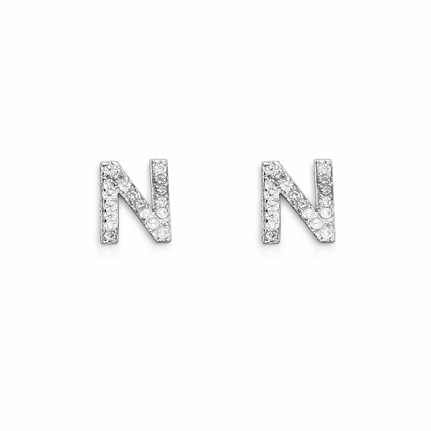 Sterling silver cz letter N stud earrings with clear cubic zirconia stones sparkling on a white background