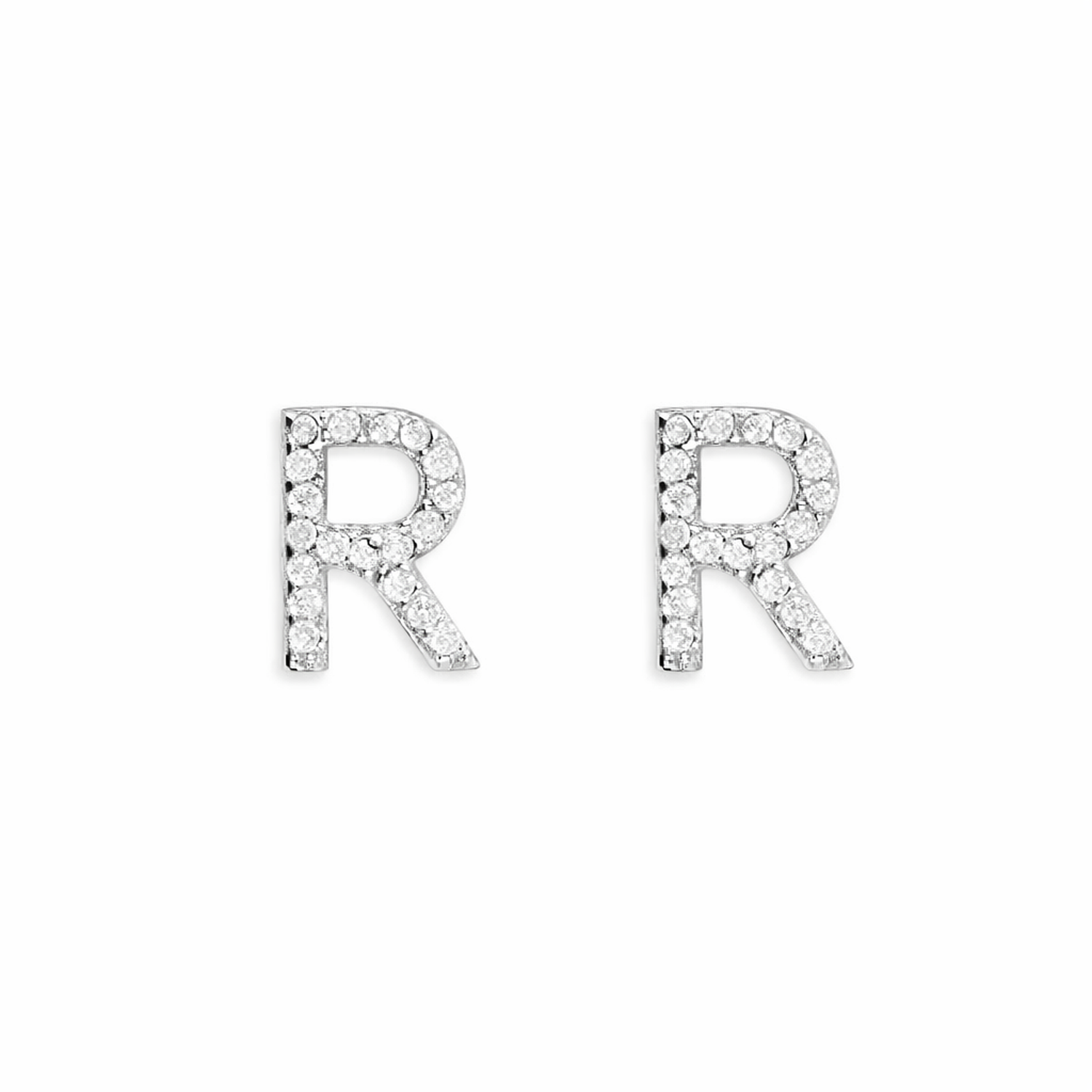 Sterling Silver CZ Letter R Stud Earrings with clear sparkling stones from Melchior Jewellery