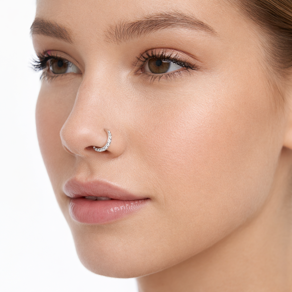 Sterling silver CZ nose ring with sparkling clear cubic zirconia on a fair-skinned woman’s left nostril