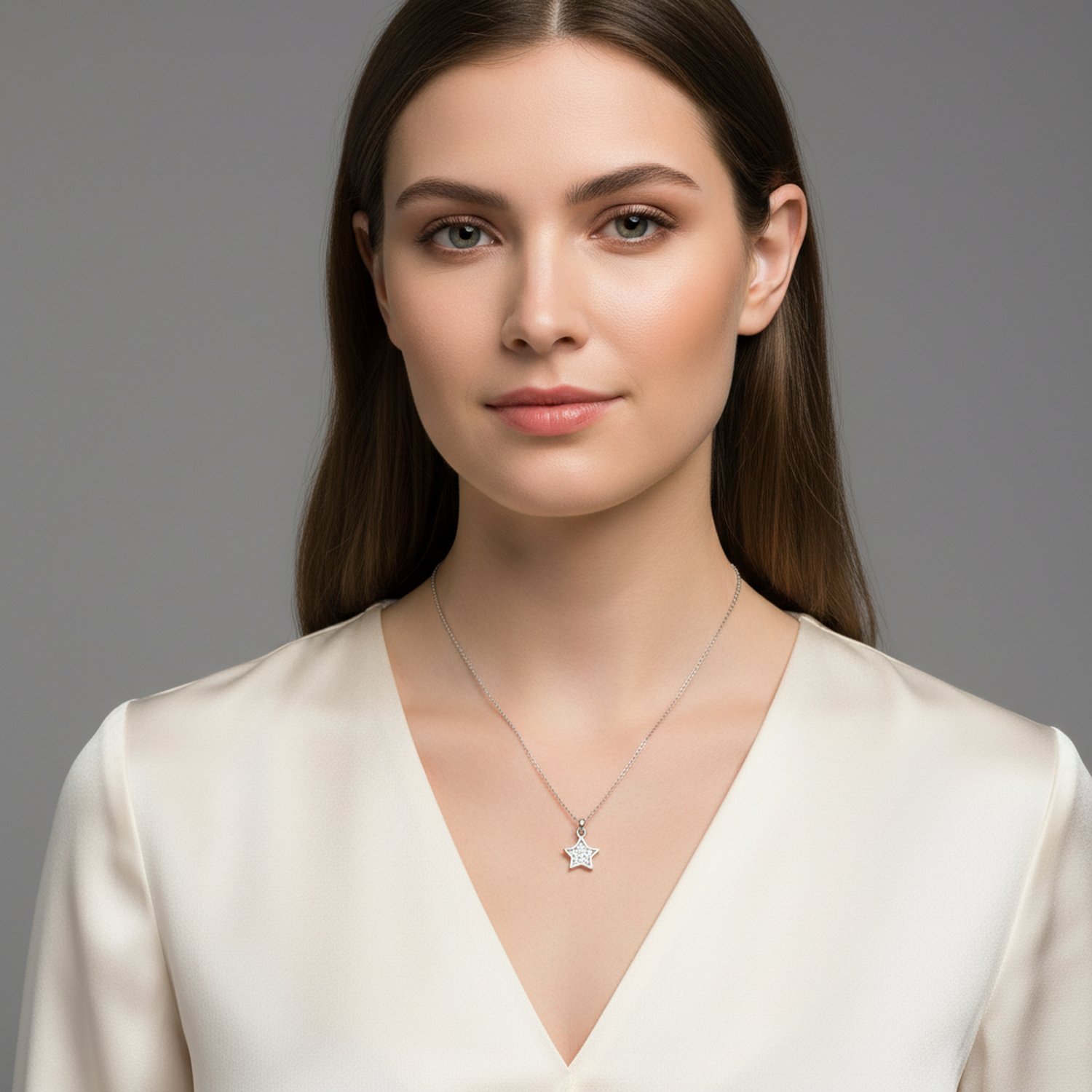 Melchior Jewellery Sterling Silver CZ Star Pendant Necklace worn by woman in white blouse