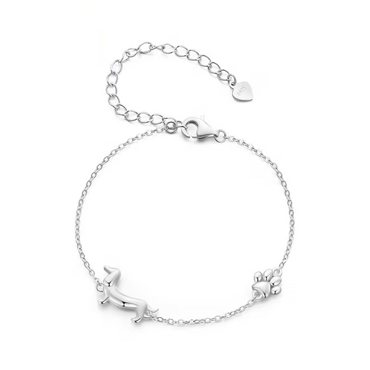 Melchior Jewellery sterling silver dachshund bracelet with dachshund and paw charm on delicate chain