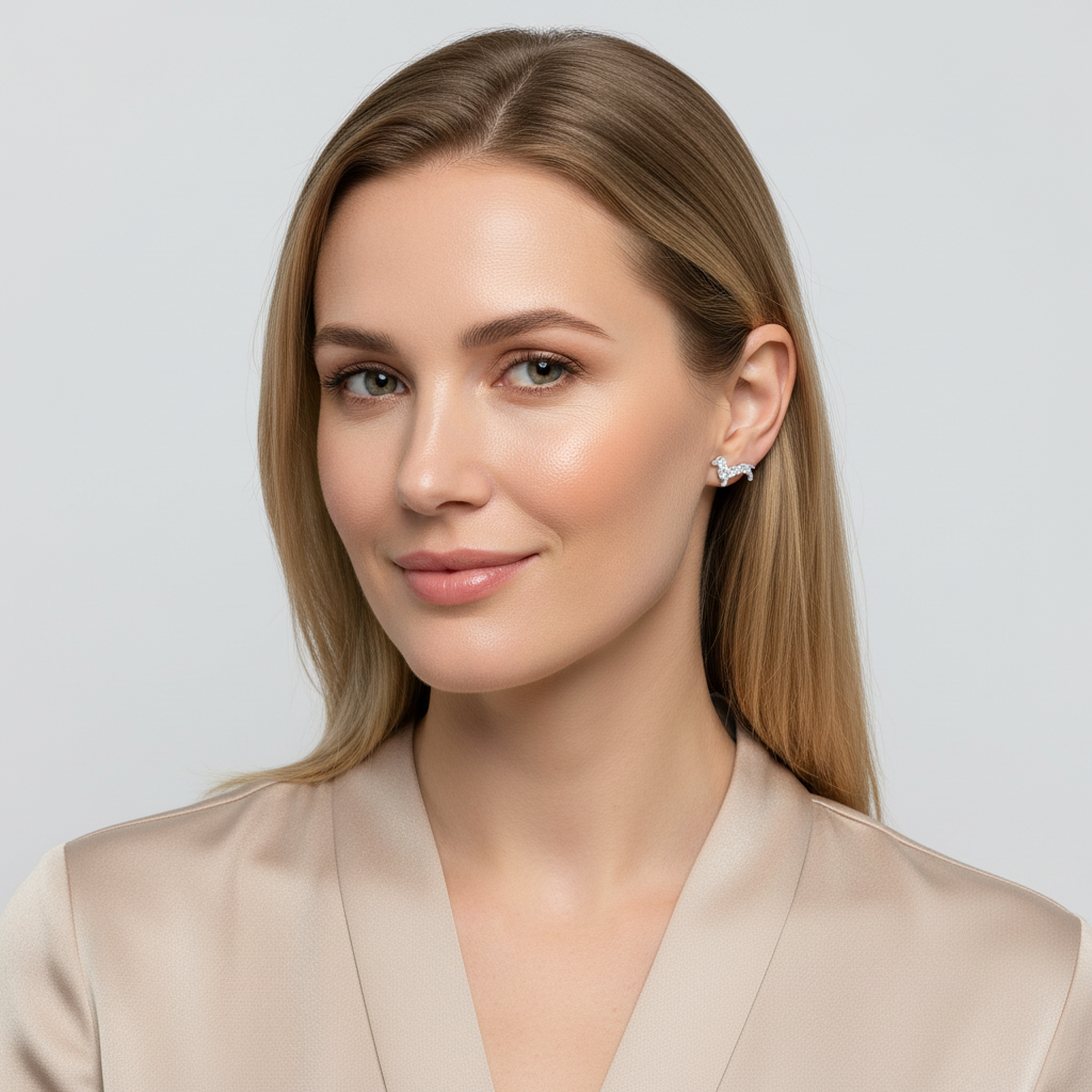 Melchior Jewellery sterling silver dachshund earrings worn by woman with light beige blouse