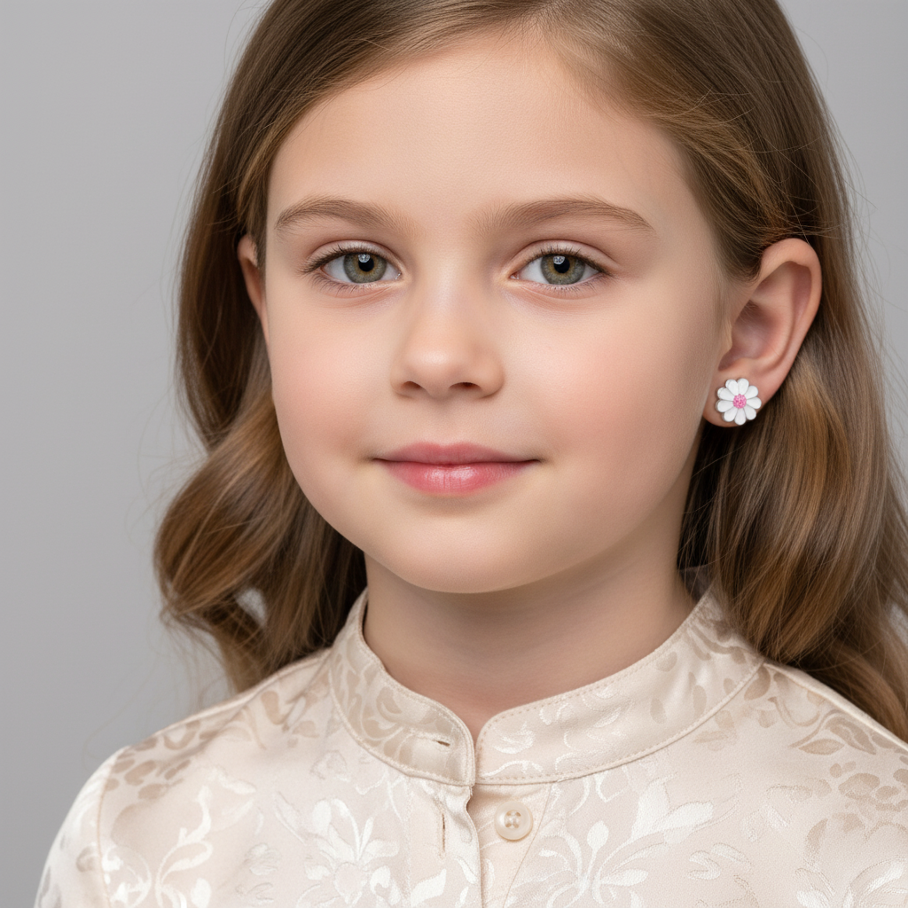 Young girl wearing sterling silver daisy earrings for children UK by Melchior Jewellery