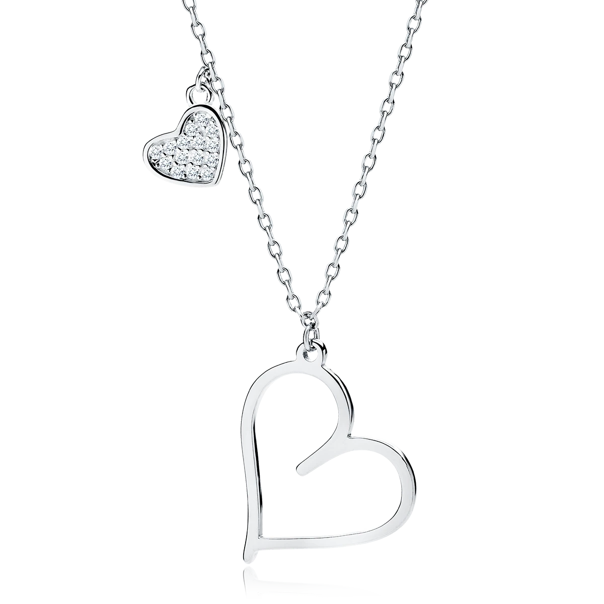 Melchior Jewellery sterling silver double heart necklace with one plain and one diamond-studded heart pendant