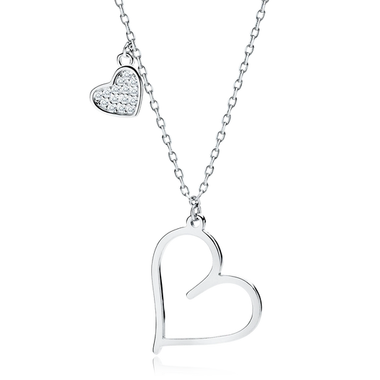 Melchior Jewellery sterling silver double heart necklace with one plain and one diamond-studded heart pendant