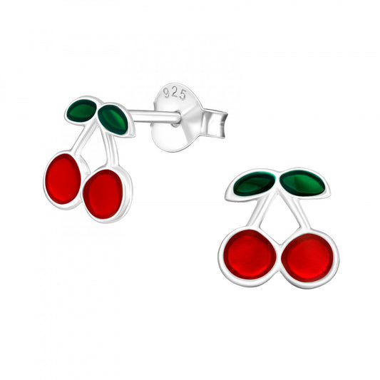 Melchior Jewellery cherry design sterling silver earrings for girls with red and green enamel