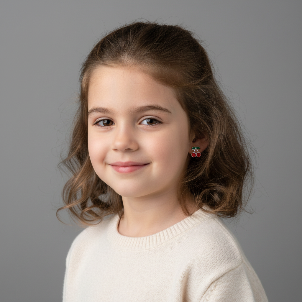 Young girl wearing Melchior Jewellery sterling silver earrings for girls with cherry design