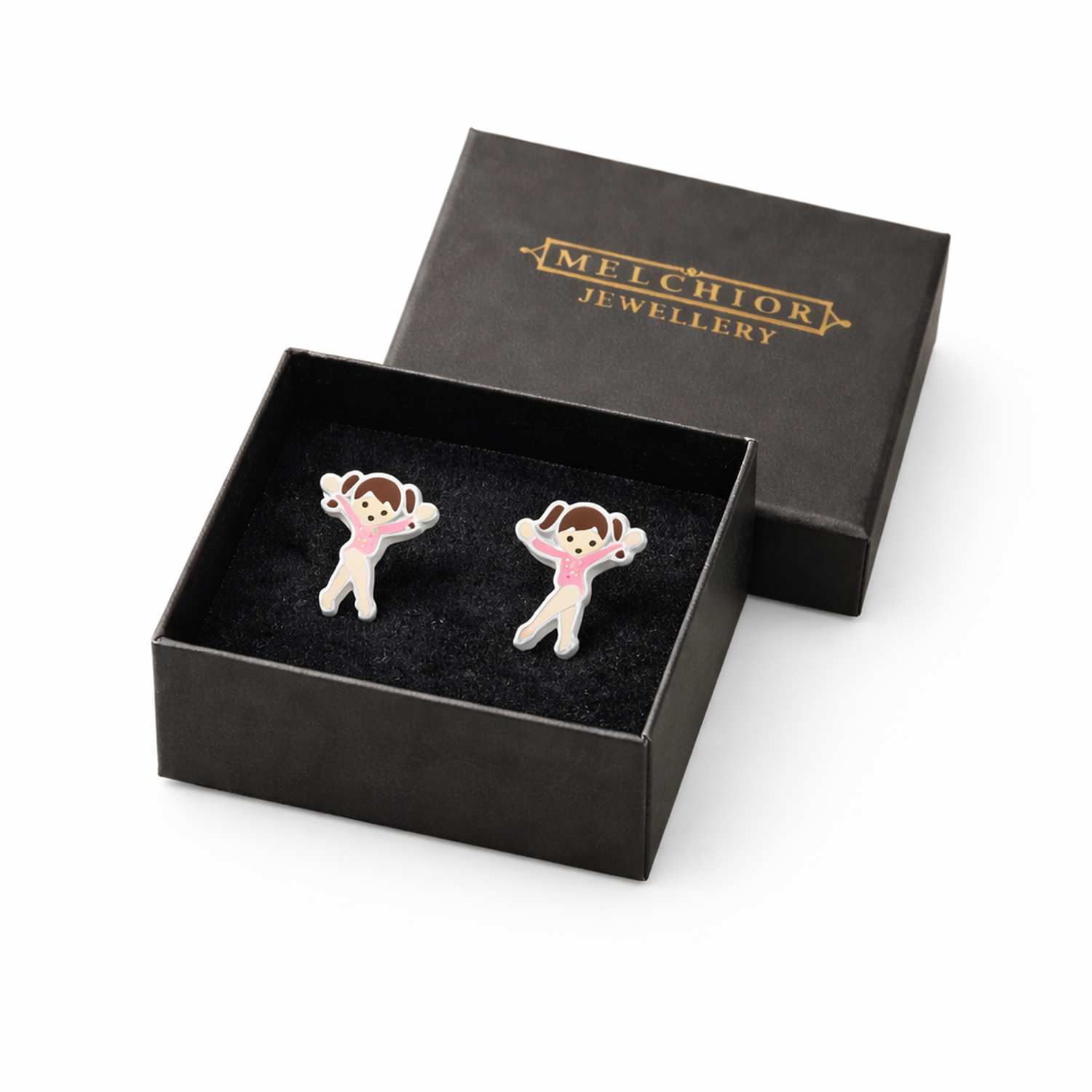 Melchior Jewellery sterling silver earrings for little girls in playful girl design presented in black gift box